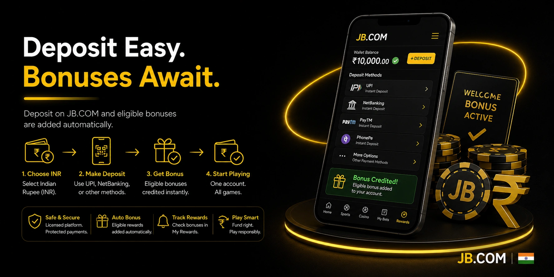JB.COM India deposit bonus guide with UPI payments and instant rewards